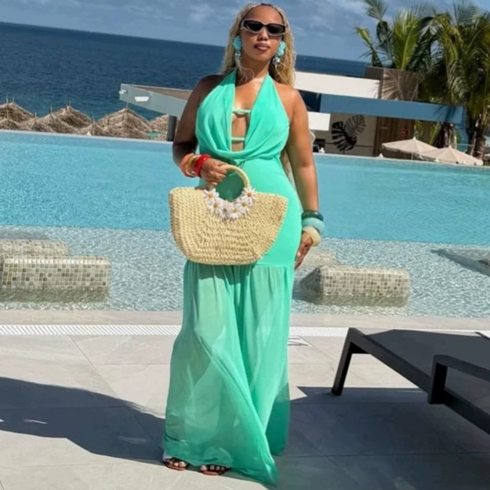 African Sexy Halter Sleeveless Mesh Panel Maxi Dress